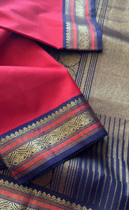 Handwoven Vintage Revival Kanjivaram Silk (Chilli Red + Navy Blue)